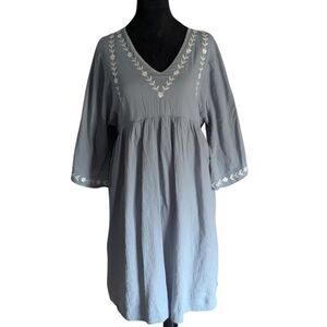 Flamingo Blue Cotton Embroidered Boho Fairycore Babydoll Mini Dress Medium